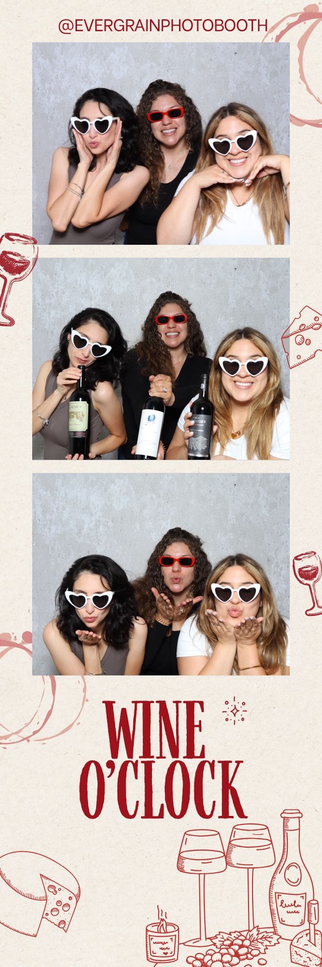 Guests posing at the Evergrain photo booth during a wine-themed event